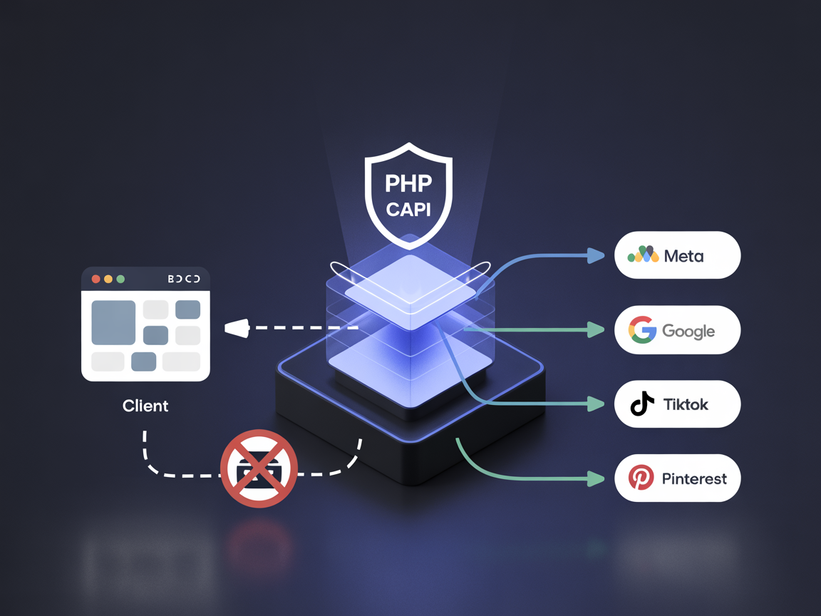 Hybrid architecture: Client to PHP CAPI to ad platforms, bypassing ad blockers
