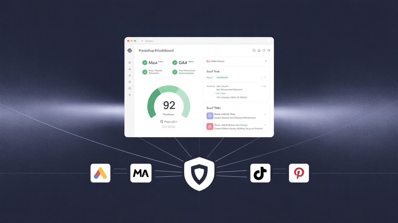 TrackLayer dashboard with health score, platform status, and event monitoring